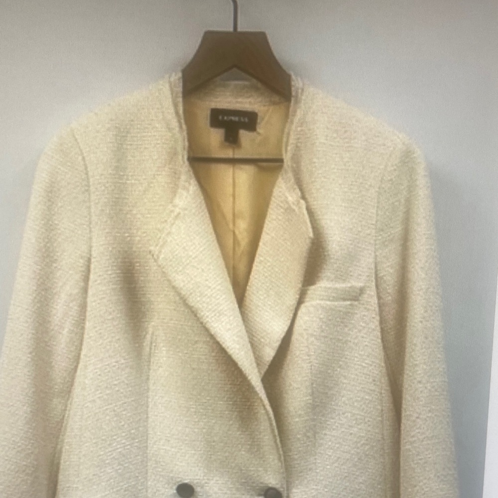 Express Boucle Tweed Double Breasted Relaxed Blazer Jacket Preppy Cream Medium